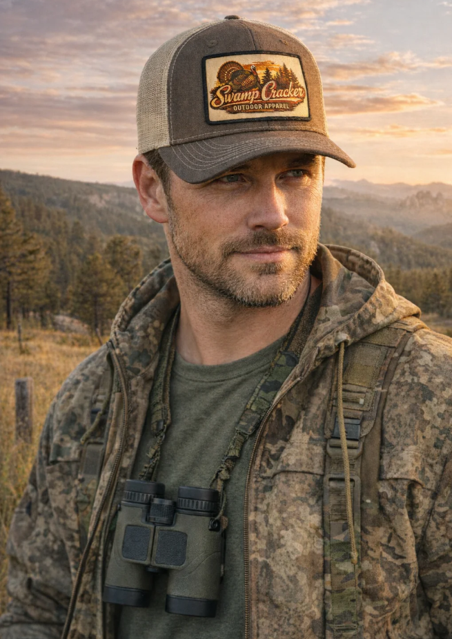 An outdoorsman wearing a Swamp Cracker trucker hat and camo hunting jacket stands in an open field at golden hour.