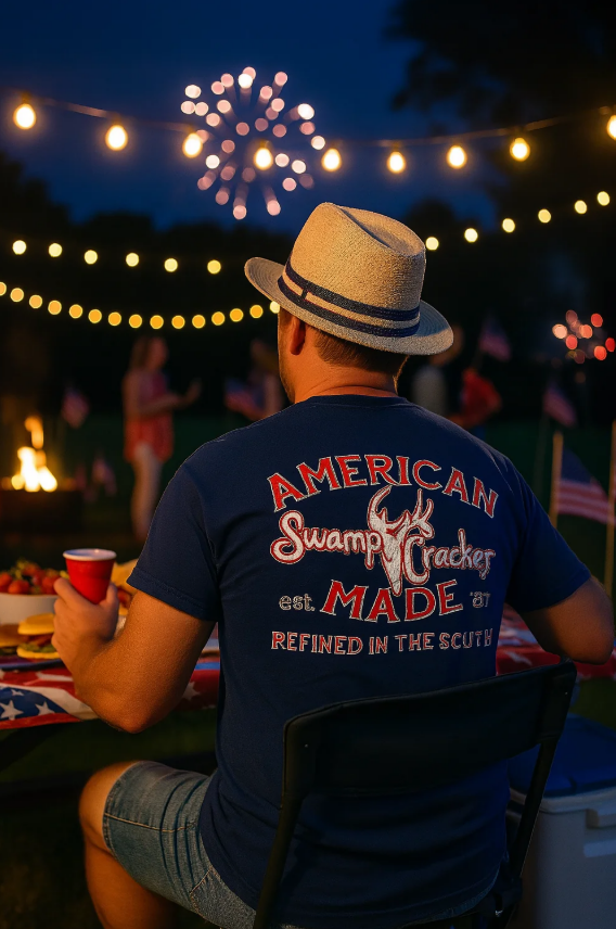 A person wearing a hat sits down at a table during the nighttime to watch fireworks explode in the sky.