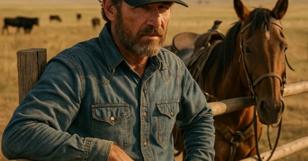 A rancher wearing a denim button-shirt leans on a fence beside a horse, with cattle grazing in the distance.