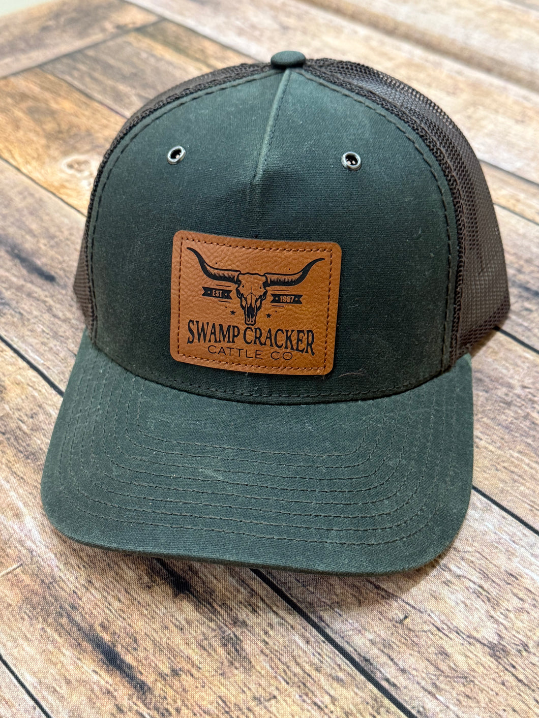 Swamp Cracker cattle company cow skull leather patch hat