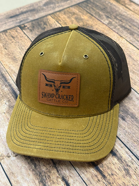 Swamp Cracker cattle company cow skull leather patch hat