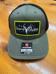 Swamp Cracker logo patch loden/black/neon green snapback hat