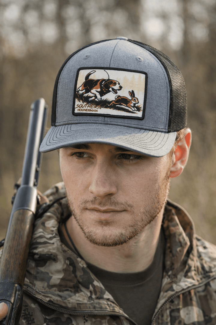 Beagle Chasing Rabbit Patch Southern Houndsman Outdoorsman Hat - Swamp Cracker Outdoor Apparel