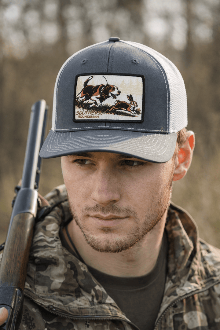 Beagle Chasing Rabbit Patch Southern Houndsman Outdoorsman Hat - Swamp Cracker Outdoor Apparel