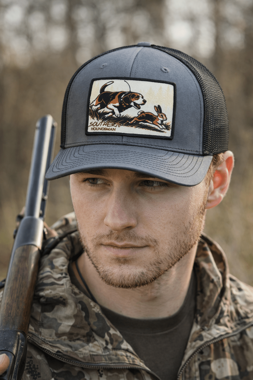 Beagle Chasing Rabbit Patch Southern Houndsman Outdoorsman Hat - Swamp Cracker Outdoor Apparel