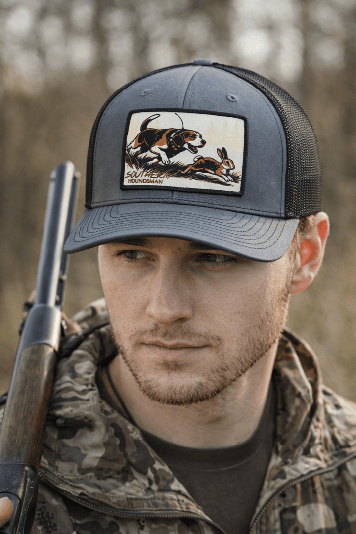 Beagle Chasing Rabbit Patch Southern Houndsman Outdoorsman Hat - Swamp Cracker Outdoor Apparel