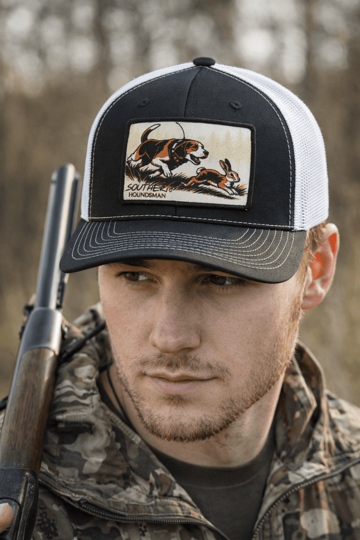 Beagle Chasing Rabbit Patch Southern Houndsman Outdoorsman Hat - Swamp Cracker Outdoor Apparel