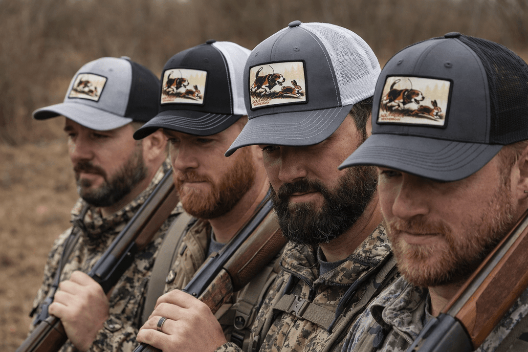 Beagle Chasing Rabbit Patch Southern Houndsman Outdoorsman Hat - Swamp Cracker Outdoor Apparel