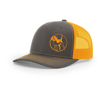 Front view of the neon orange and charcoal trucker snapback from Swamp Cracker Outdoor Apparel with a beagle outline on the front.
