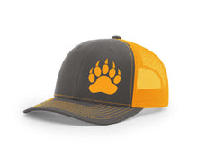 Neon orange and charcoal Southern Houndsman trucker snapback from Swamp Cracker Outdoor Apparel with a bear paw print on the front.