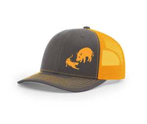 Charcoal and neon orange Southern Houndsman mesh trucker hat with a bay dog and a hog on the front from Swamp Cracker Outdoor Apparel.
