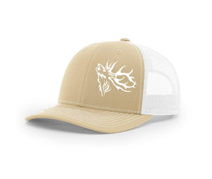 Front view of the charcoal and neon orange outdoorsman hat and Swamp Cracker Outdoor Apparel with a bugling elk on the front.