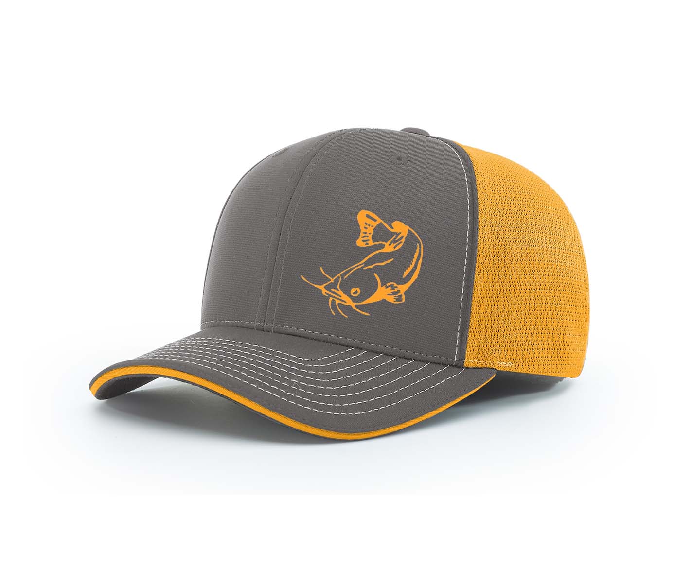 Catfish Swamp Cracker Flex Fit Outdoorsman Hat, Small/Medium / Charcoal/Neon Orange