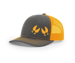 Front view of the outdoorsman hat in charcoal and neon orange with a mesh back and deer tracks on the front. 