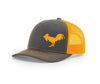 Charcoal and neon orange mesh trucker hat with a fighting fowl on the front from Swamp Cracker Outdoor Apparel.