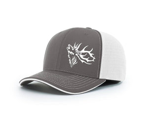 View of the front of the outdoorsman hat at Swamp Cracker Outdoor Apparel in blue and grey with an elk bugling on the front left