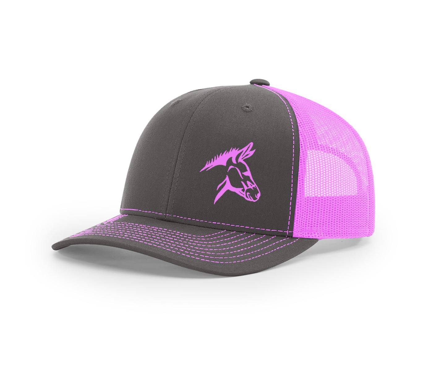Mule Head Mesh Swamp Cracker Trucker Hat, Charcoal/Neon Pink