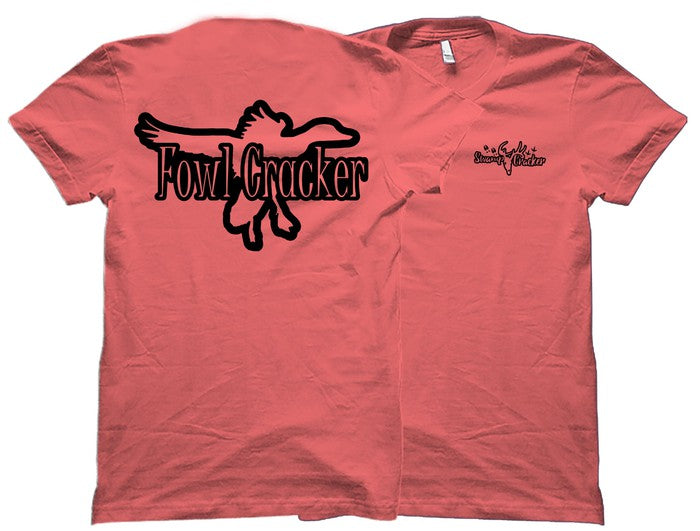 Back and front of the coral Fowl Cracker outdoorsman shirt from Swamp Cracker Outdoor Apparel. The back has a landing duck and says “FOWL CRACKER.” 