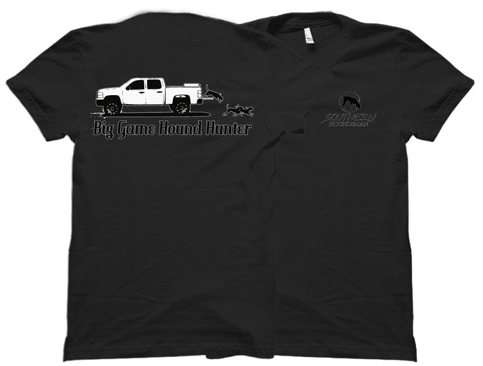 Front and back view of the black Southern Houndsman Dropping Tailgates hunting t-shirt at Swamp Cracker Outdoor Apparel.