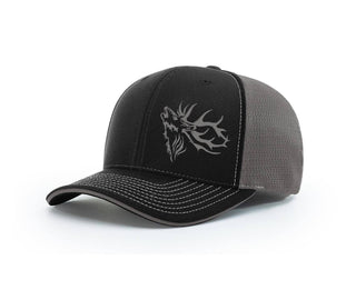 View of the front of the outdoorsman hat at Swamp Cracker Outdoor Apparel in blue and grey with an elk bugling on the front left