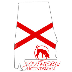 Sticker in the shape of Alabama in white with a red X in the middle and the Southern Houndsman logo in the bottom right corner.