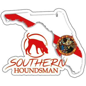 Sticker in the shape of Florida with the Southern Houndsman outdoor apparel logo within and next to the state outline and flag.