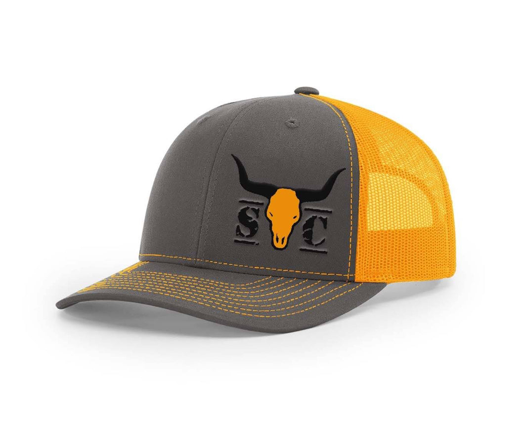 Front view of the neon and charcoal Swamp Cracker Cattle Co. Snapback outdoorsman hat with their logo on the front.