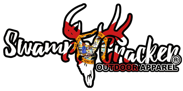 Swamp Cracker Outdoor Apparel sticker with the Florida state flag colors coloring the middle words and deer skull.
