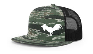 Camo and black mesh trucker hat from Swamp Cracker Outdoor Apparel with a fighting fowl on the front.