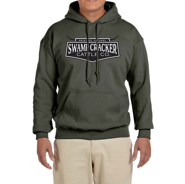 The Swamp Cracker Cattle Co. pullover hoodie being worn by someone. The front has the Swamp Cracker Cattle Co. emblem.