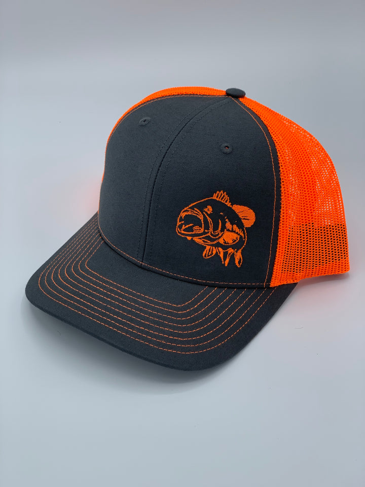 Charcoal/Neon Orange trucker snapback hat with an image of a bass printed on the front from Swamp Cracker Outdoor Apparel.