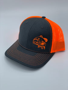 Charcoal/Neon Orange trucker snapback hat with an image of a bass printed on the front from Swamp Cracker Outdoor Apparel. 